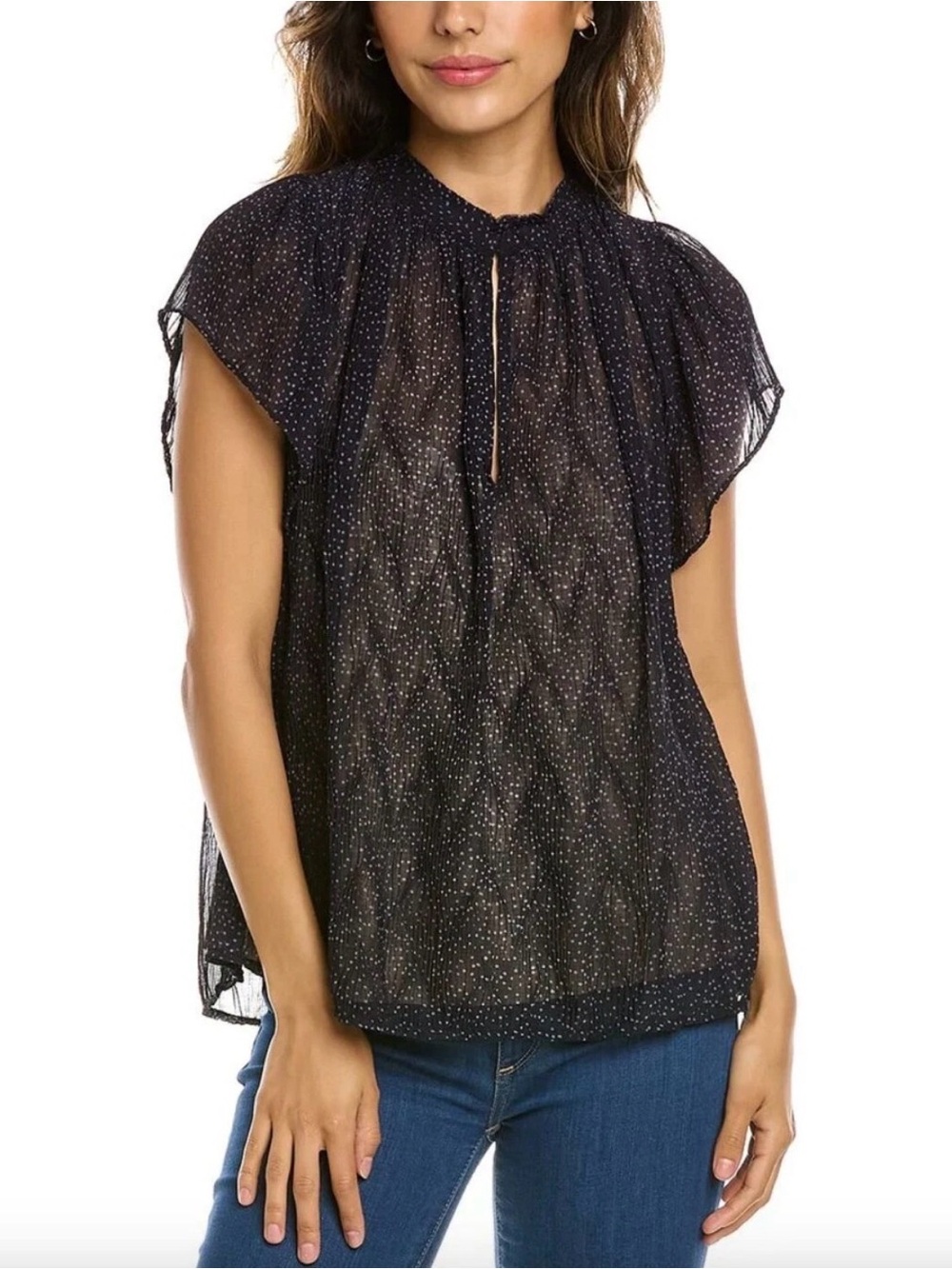 VINCE Starry Dot Semi Sheer Short Sleeve Blouse Blue Size Large